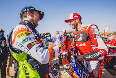 Sam Sunderland (UK) for Gas Gas Factory Racing at the finish line of stage 12 of Rally Dakar 2022 from Bishah to Jeddah, Saudi Arabia on January 14, 2022.
