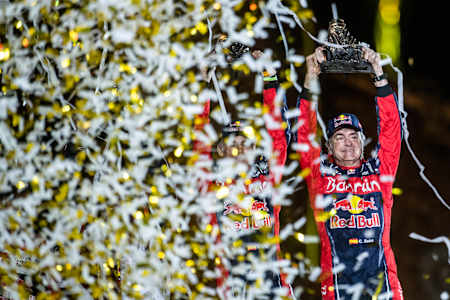 Carlos Sainz of Bahrain JCW Team is seen at the podium of Rally Dakar 2020 from in Qiddiya, Saudi Arabia on January 17, 2020.