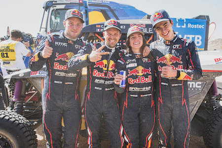 The Red Bull Off-Road Junior Team at the finish line of stage 12 of Rally Dakar 2022 from Bishah to Jeddah, Saudi Arabia on January 14, 2022