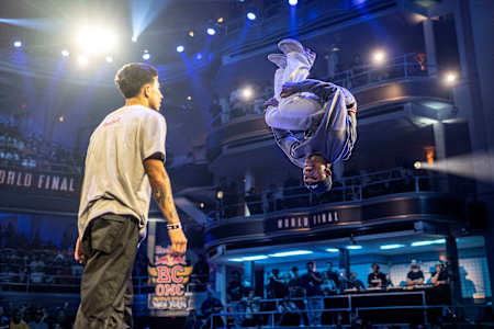 Lee does a backflip in the battle against Victor at the Red Bull BC One World Final on November 12, 2022 in New York City, USA. 