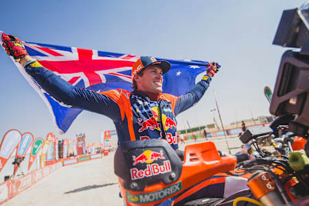 Daniel Sanders (AUS) for Red Bull KTM Factory Racing at the finish line after stage 12 of Rally Dakar 2025 from AL SHUBAYTAH to SHUBAYTAH, Saudi Arabia on January 17, 2025. 