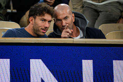 Pierre Gasly and Zinedine Zidane watch the Alpine Paris Major Premier Padel final at Roland Garros Stadium in Paris, France, in September 2025