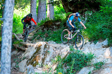 Stefan Eberharter and Tom Öhler riding Nordketten Singletrail, Austria, July 10, 2019.