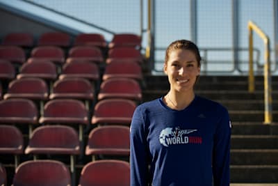 Andrea Petković poses at a stadium ahead of the Wings for Life World Run.