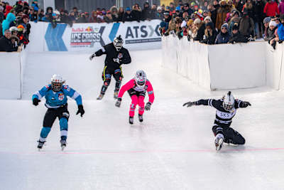 Jacqueline Legere, Dominikue Lefebvre, Amanda Trunzo and Maxie Plante at the finishing line of the women's ATSX 500 race in Le Massif de Charlevoix, Canada on February 22, 2020.