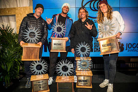 The winners of the inaugural World Surf League Nazaré Tow Surfing Challenge.