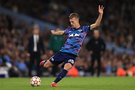 Dani Olmo of RB Leipzig during the UEFA Champions League group A match between Manchester City and RB Leipzig at Etihad Stadium on September 15, 2021 in Manchester, United Kingdom.