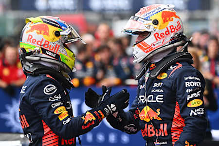 Sergio Pérez and Max Verstappen of Oracle Red Bull Racing at the Belgian Grand Prix 2023.