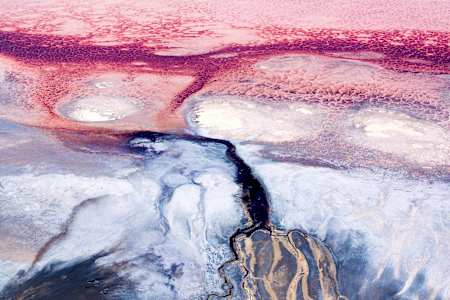 This is a colourful river delta in saline Lake Natron, Rift Valley, Tanzania