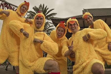 The Chicken Whisperers pose for a portrait at the National Red Bull Flugtag at Rainbow Harbor in Long Beach, CA, USA, on 21 September 2013.