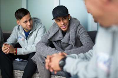 Neymar Jr sits down for a chat with the 2017 Neymar Jr Five winners Team Romania at Paris St Germain's training ground in Paris.