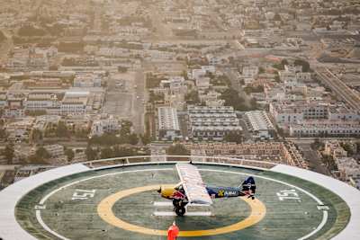 Luke Czepiela of Poland lands as first person in history an airplane (a CubCrafters Carbon Cub UL) on the helipad of the Burj al Arab Hotel in Dubai, United Arab Emirates on March 14, 2023. 