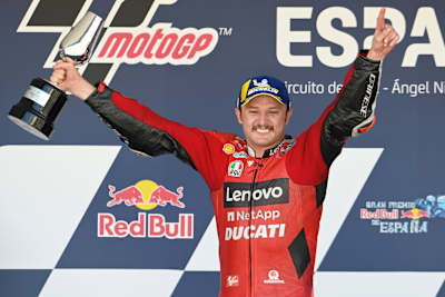 Ducati's Jack Miller celebrates victory in the MotoGP Spanish Grand Prix in Jerez on May 2, 2021.