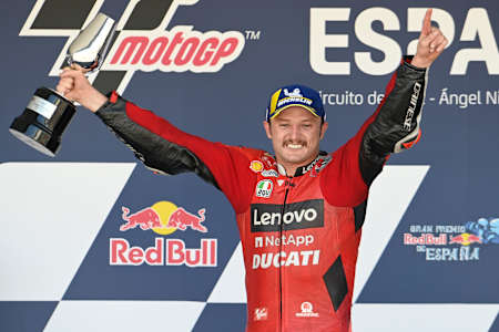 Ducati's Jack Miller celebrates victory in the MotoGP Spanish Grand Prix in Jerez on May 2, 2021.