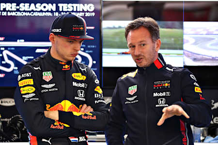 Christian Horner and Max Verstappen talk in the garage during day three of F1 Winter Testing at Circuit de Catalunya on February 20, 2019 in Montmelo, Spain.