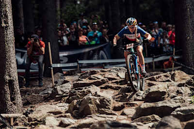 Pauline Ferrand Prevot performs at UCI XCO World Cup in Nové Město na Moravě, Czech Republic on May 26th, 2019