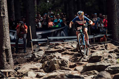 Pauline Ferrand Prevot performs at UCI XCO World Cup in Nové Město na Moravě, Czech Republic on May 26th, 2019