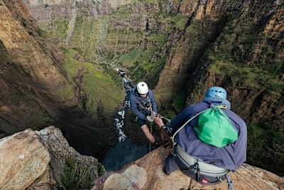 A man abseils down the world's biggest drop in Maletsunyane, Lesotho.