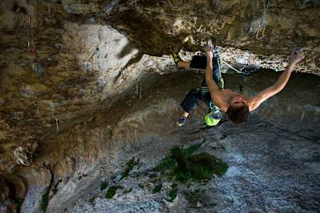 Domen Skofic climbs Sanjski par, 9a difficulty, in Misja pec, Osp, Slovenia on March 3th, 2014.