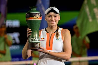 Elena Rybakina poses with the trophy after her victory at the WTA Ningbo Open tennis tournament in Ningbo, in China.