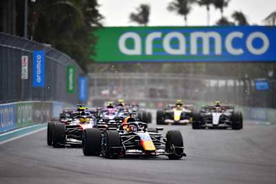 Max Verstappen leads Lewis Hamilton during the Sprint ahead of the F1 Grand Prix of Miami in May 2026.