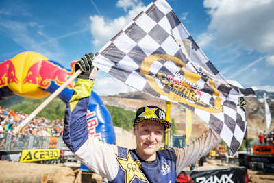 Graham Jarvis of the United Kingdom celebrates victory at the Red Bull Hare Scramble at the Erzberg in Eisenerz, Austria on June 2, 2019.