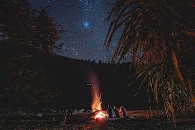 Rob Warner, Josh James and Matt Jones sit around a fire at their wilderness camp in the Buller District of New Zealand.