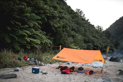 Shelter for Rob Warner, Matt Jones and the Rob Wild Rides crew at their wilderness camp in the Buller District of New Zealand.