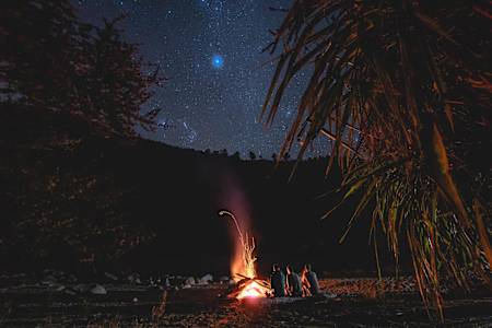 Rob Warner, Josh James and Matt Jones sit around a fire at their wilderness camp in the Buller District of New Zealand.