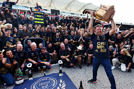 Red Bull Racing Team Principal Christian Horner celebrates winning the F1 World Constructors Championship.