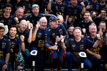 Max Verstappen and Oracle Red Bull Racing celebrate winning the F1 World Constructors Championship with his team in Austin, Texas.