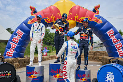 Max Verstappen, Sergio Perez, Yuki Tsunoda, Daniel Ricciardo on the podium during F1 Soapbox Race in Montreal, Canada on June 5, 2024.