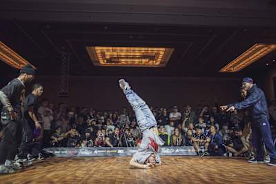 Lil G on the dancefloor in the battle of the Red Bull BC One All Starts vs the Squadron at Freestyle Session 2019