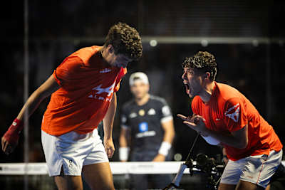 Arturo Coello of Spain and Agustin Tapia of Argentina celebrate after winning the BNL Italy Major Premier Padel in June 2026. 
