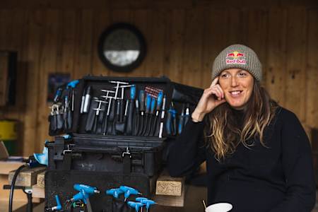 Rachel Atherton is seen at Atherton Racing HQ in Wales in 2021.