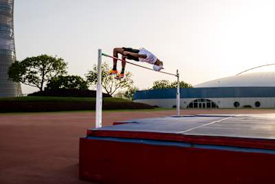 Mutaz Barshim performs during a training session at Aspire, Doha, Qatar on April 13, 2023.
