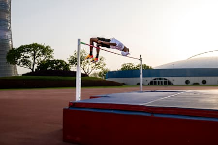 Mutaz Barshim performs during a training session at Aspire, Doha, Qatar on April 13, 2023.