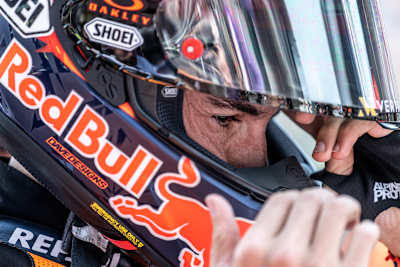 Marc Marquez of Spain adjusts his helmet before the start of the sprint race during the MotoGP Shark Grand Prix de France at Le Mans, France on May 13, 2023.