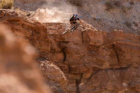 Remy Morton riding off a drop during his Red Bull Rampage video submission shoot in Virgin, Utah, in June 2022.