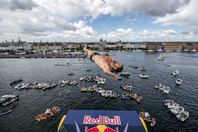 David Colturi at the final competition day of the third stop of the Red Bull Cliff Diving World Series at Copenhagen, Denmark on July 16, 2022. 