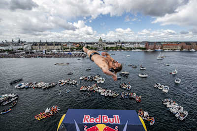 David Colturi at the final competition day of the third stop of the Red Bull Cliff Diving World Series at Copenhagen, Denmark on July 16, 2022. 