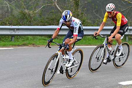 Daniel Felipe Martínez of Colombia and Team Red Bull - BORA - hansgrohe and Sergio Samitier of Spain and Team Cofidis compete in the breakaway during the 64th Itzulia Basque Country 2025,