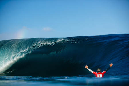 Kanoa Igarashi watches an empty wave at the SHISEIDO Tahiti Pro.