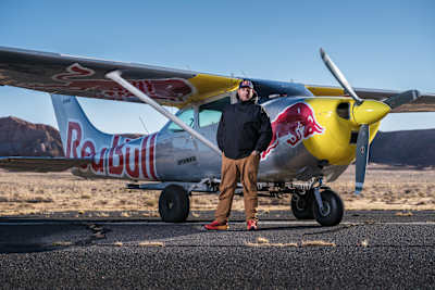 Portrait of Luke Aikins with his experimental plane during the Endless Skydive project on the Navajo Nation in northern Arizona, USA on November 11, 2024. 
