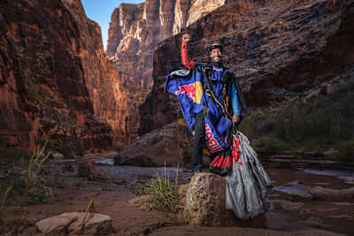 Portrait of Max Manow in the bottom of the Little Colorado River Canyon during the Endless Skydive project on the Navajo Nation in northern Arizona, USA on November 11, 2024.