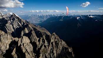 Paraglider Tom de Dorlodot flies over mountains in Pakistan.