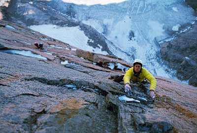 Climber Leo Houlding big wall climbing on Mount Asgard in Canada's Baffin Mountains range.