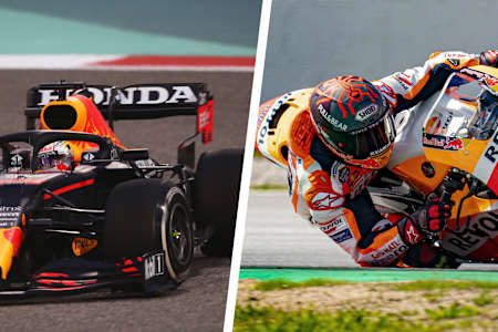 Max Verstappen en el Red Bull Racing RB16B Honda y Marc Márquez en su Honda de MotoGP. Comparamos las dos clases reinas del motor.
