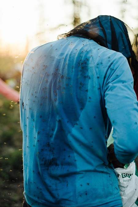 Килиан Фишхубер защищается от насекомых в течение всей альпинистской экспедиции в Республику Саха, Россия.