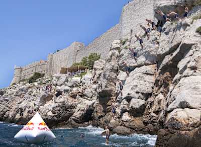 Orlando Duque oversees comedian Oliver Pocher diving from a cliff in Dubrovnik, Croatia.